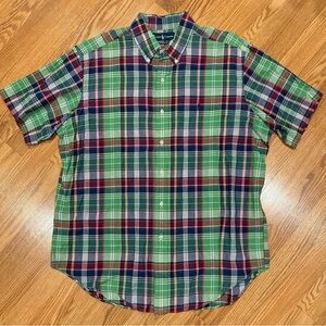 Ralph Lauren Green Plaid Short Sleeve Button Down Shirt 100% India Cotton Sz‎ XL